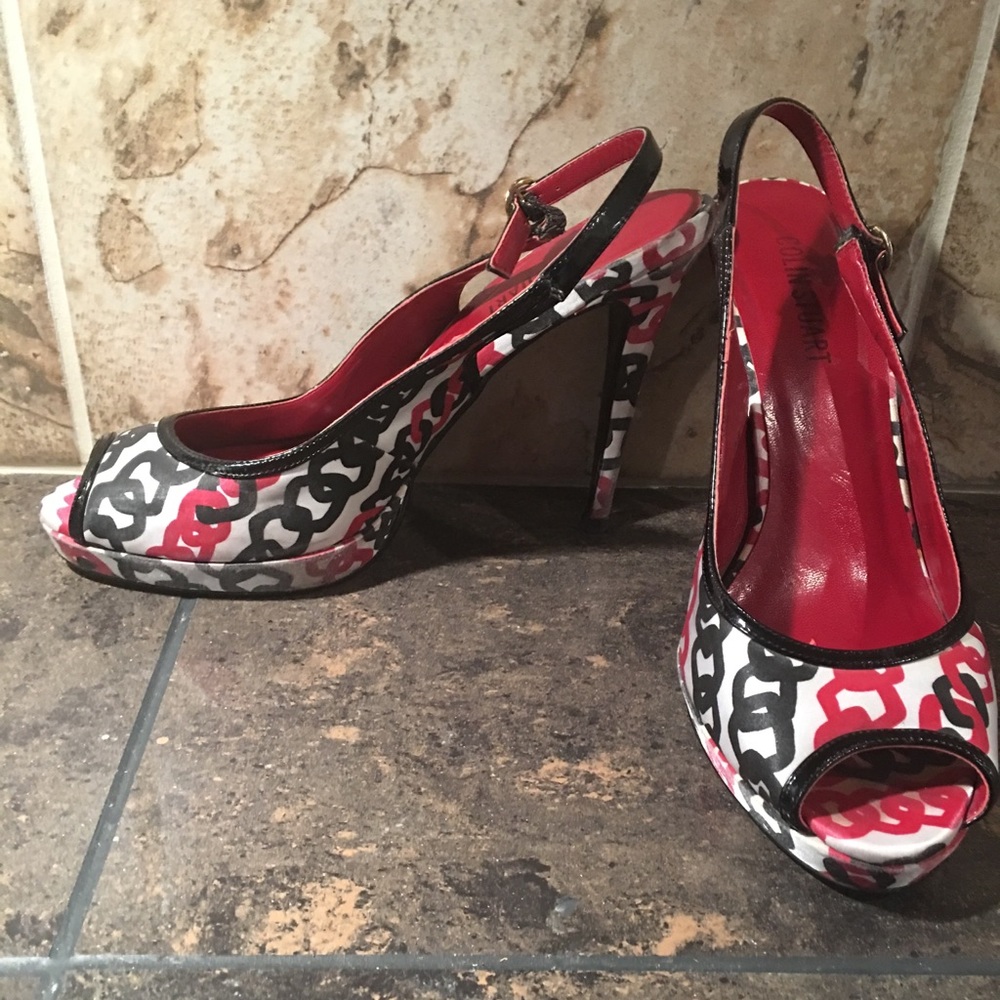 Colin Stuart Red Black Chain Satin Slingbacks